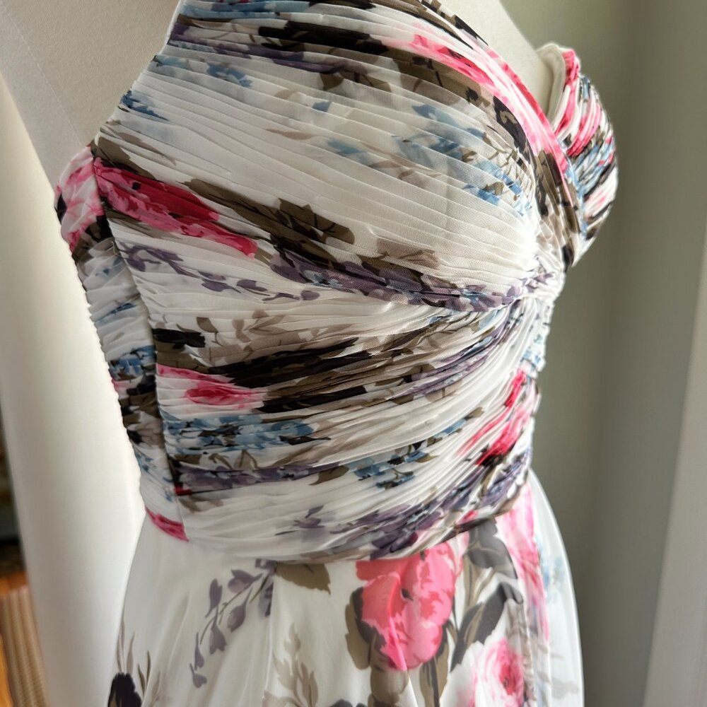 Sherri Hill Strapless Floral Chiffon Gown - Ruched Bodice & High Slit - Size 4 - Picture 5 of 11